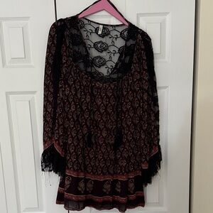 Free People Black and Red Floral Lace Top